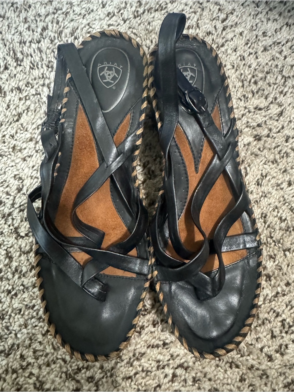 Ariat Black Leather Cross‑Strap Sandals with Brown Insole